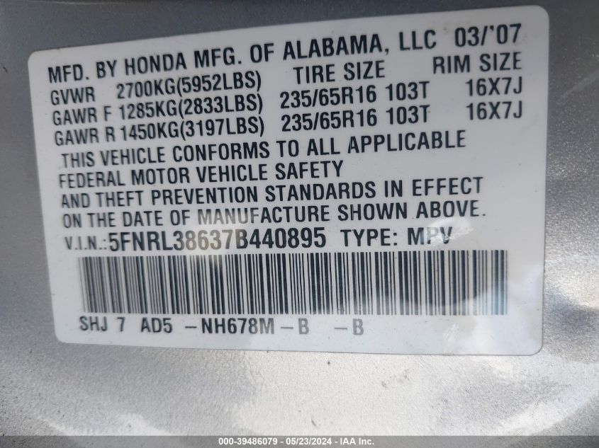 2007 Honda Odyssey Ex-L VIN: 5FNRL38637B440895 Lot: 39486079