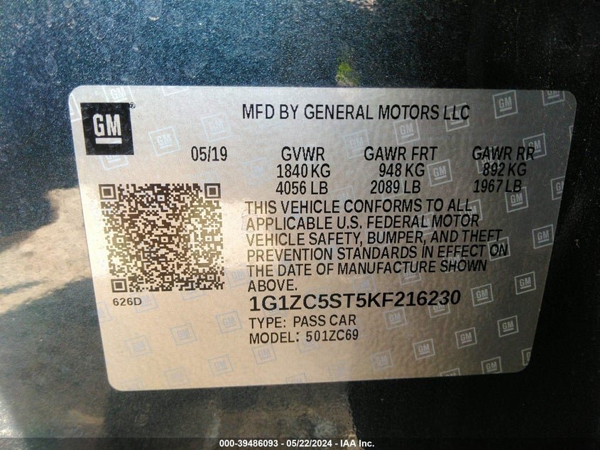 2019 Chevrolet Malibu 1Fl VIN: 1G1ZC5ST5KF216230 Lot: 39486093