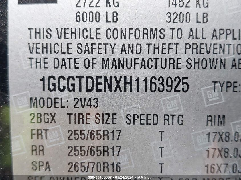 2017 Chevrolet Colorado Z71 VIN: 1GCGTDENXH1163925 Lot: 39486097