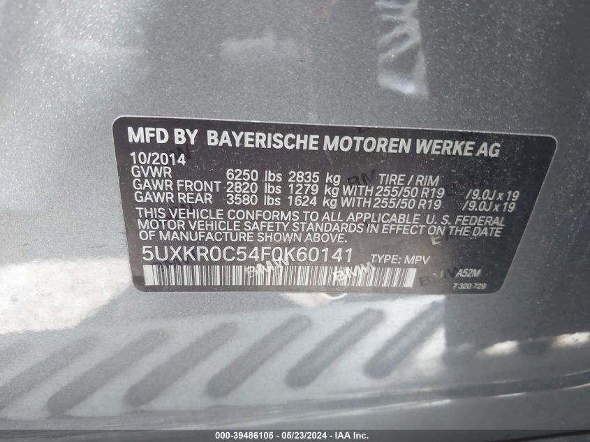 2015 BMW X5 xDrive35I VIN: 5UXKR0C54F0K60141 Lot: 39486105