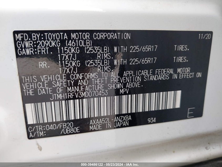 2021 TOYOTA RAV4 LE - JTMH1RFV3MD070453