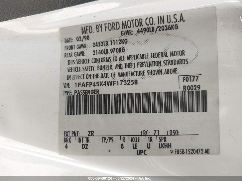 1998 Ford Mustang Gt VIN: 1FAFP45X4WF173258 Lot: 39486126
