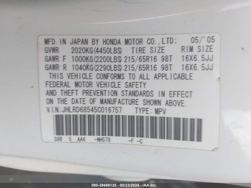 2005 Honda Cr-V Lx VIN: JHLRD68545C016757 Lot: 39486135