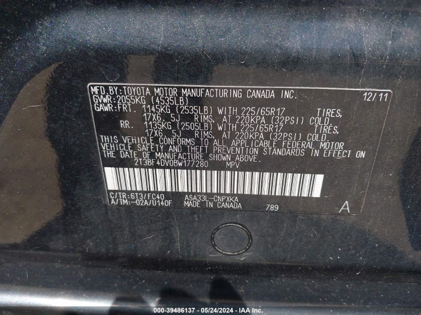 2011 Toyota Rav4 VIN: 2T3BF4DV0BW177280 Lot: 39486137