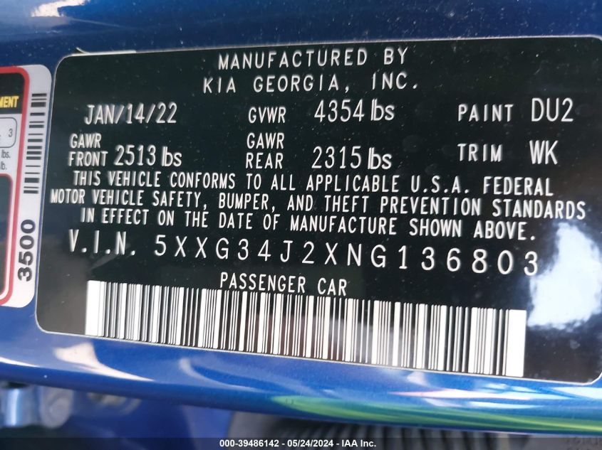 2022 Kia K5 Ex VIN: 5XXG34J2XNG136803 Lot: 39486142