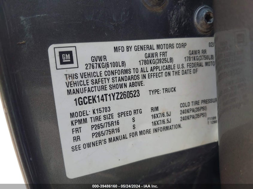 2000 Chevrolet Silverado 1500 Ls VIN: 1GCEK14T1YZ260523 Lot: 39486160