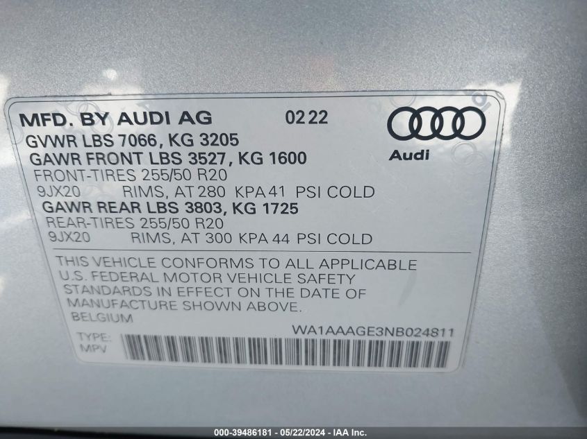2022 Audi E-Tron Premium VIN: WA1AAAGE3NB024811 Lot: 39486181