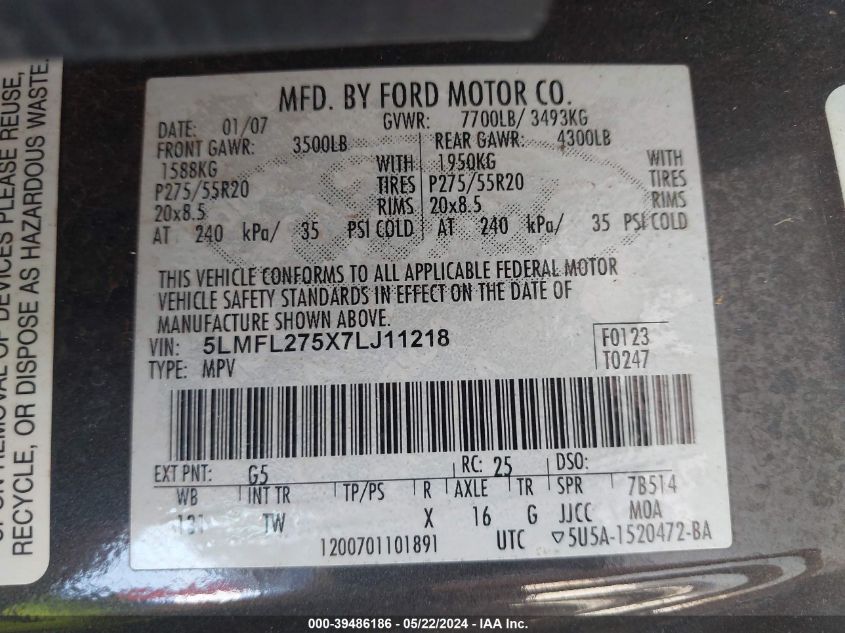 2007 Lincoln Navigator L VIN: 5LMFL275X7LJ11218 Lot: 39486186