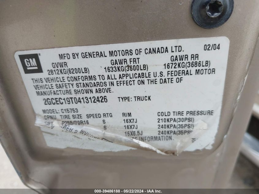 2004 Chevrolet Silverado 1500 Lt VIN: 2GCEC19T041312426 Lot: 39486188