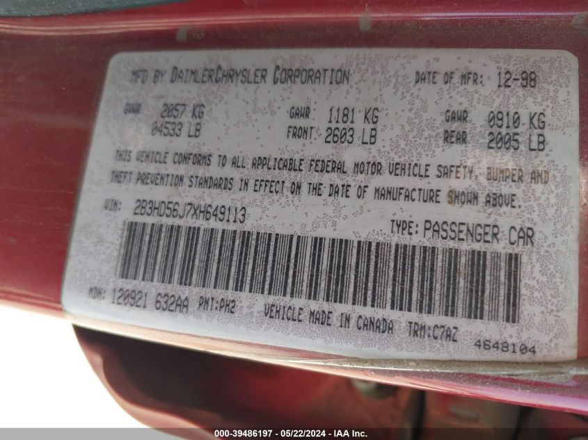 1999 Dodge Intrepid Es VIN: 2B3HD56J7XH649113 Lot: 39486197