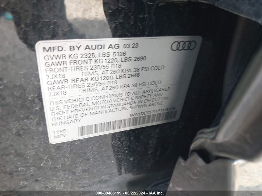 2023 Audi Q3 Premium 45 Tfsi S Line Quattro Tiptronic VIN: WA1DECF31P1119308 Lot: 39486199