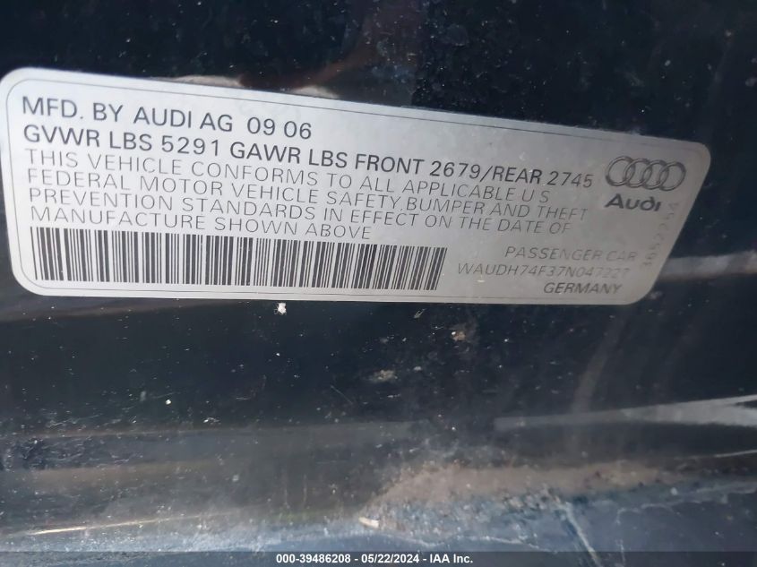 2007 Audi A6 3.2 VIN: WAUDH74F37N047227 Lot: 39486208