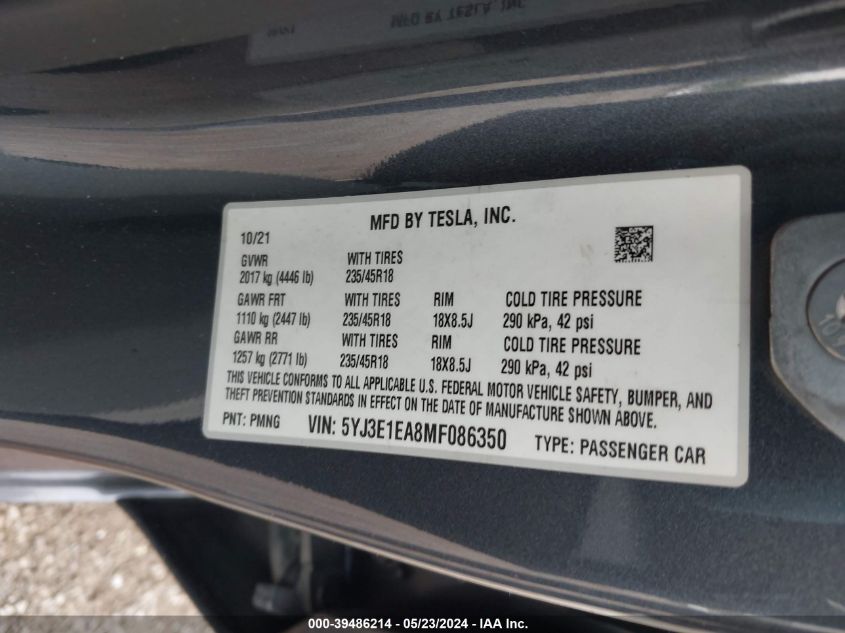 2021 Tesla Model 3 Standard Range Plus Rear-Wheel Drive VIN: 5YJ3E1EA8MF086350 Lot: 39486214