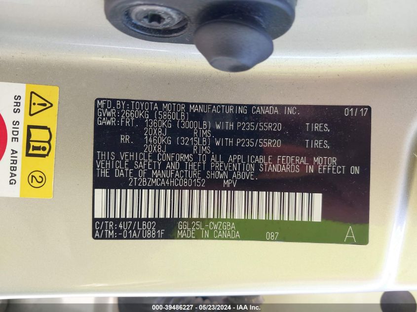 2017 Lexus Rx 350 VIN: 2T2BZMCA4HC080152 Lot: 39486227