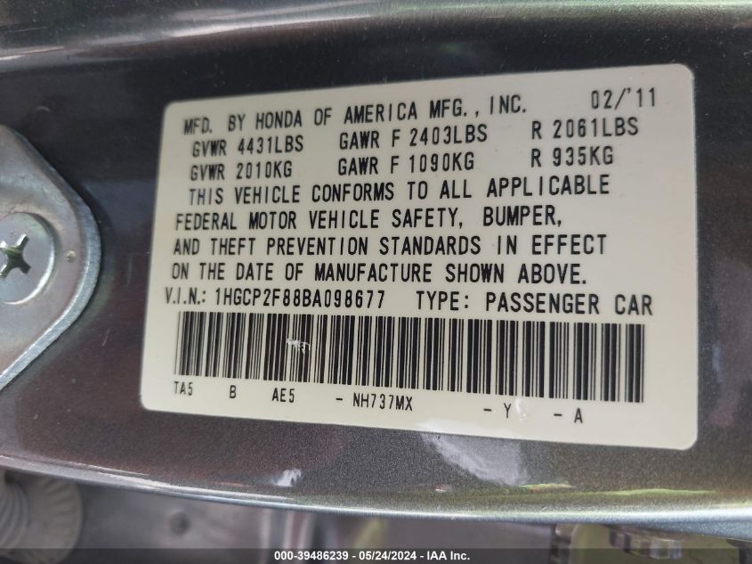 2011 Honda Accord 2.4 Ex-L VIN: 1HGCP2F88BA098677 Lot: 39486239