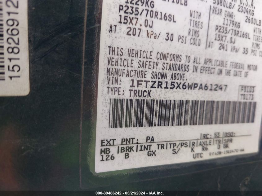 1998 Ford Ranger Splash/Xl/Xlt VIN: 1FTZR15X6WPA61247 Lot: 39486242