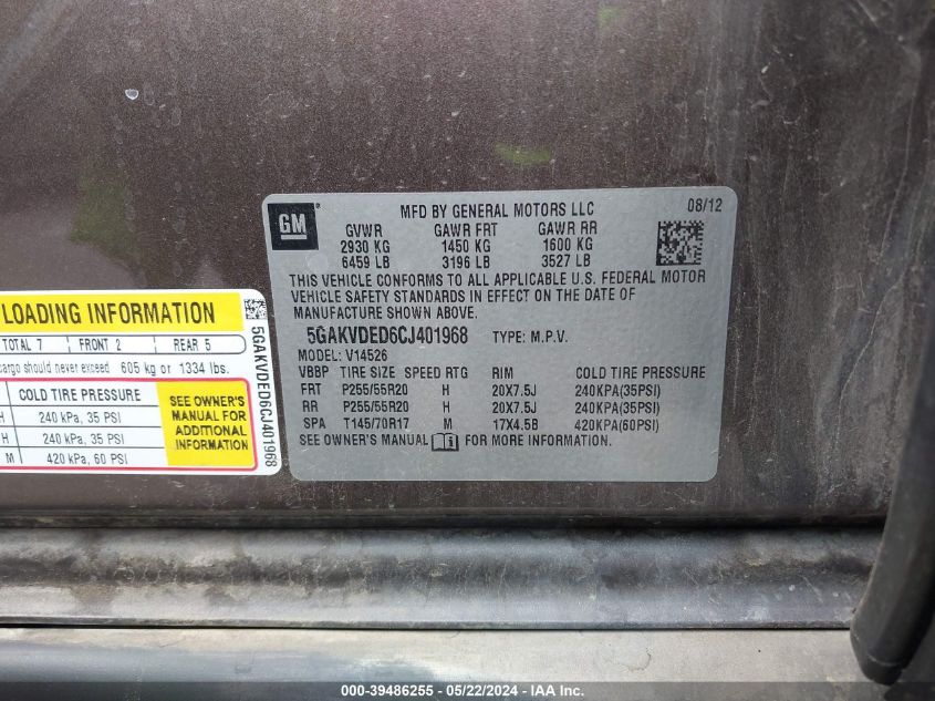 2012 Buick Enclave Premium VIN: 5GAKVDED6CJ401968 Lot: 39486255