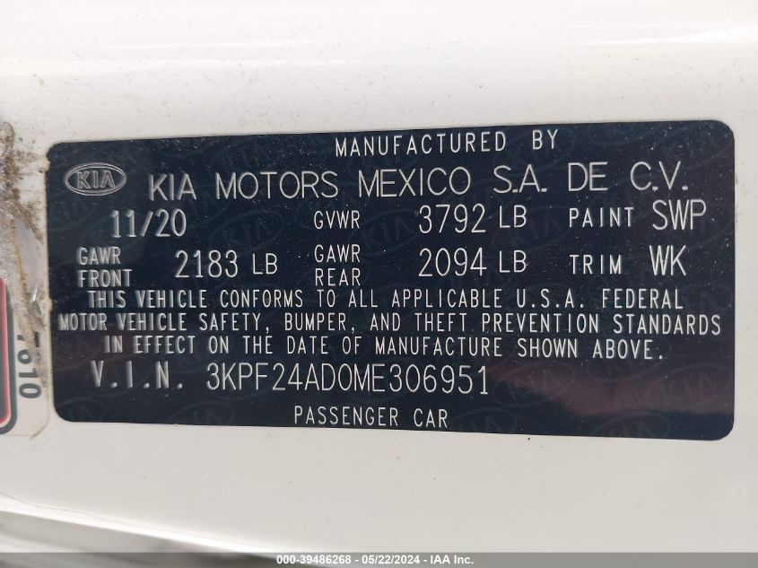 2021 Kia Forte Lxs VIN: 3KPF24AD0ME306951 Lot: 39486268