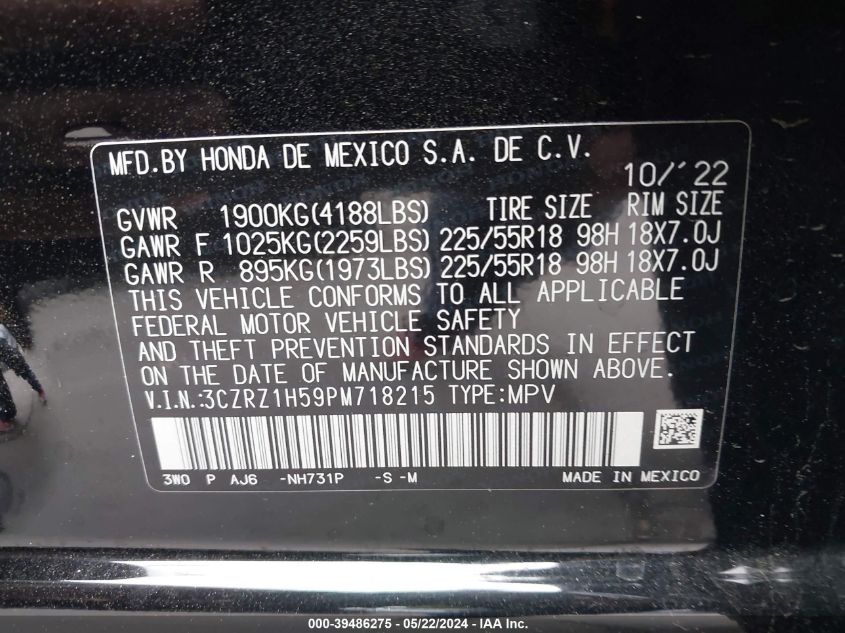 2023 Honda Hr-V 2Wd Sport VIN: 3CZRZ1H59PM718215 Lot: 39486275