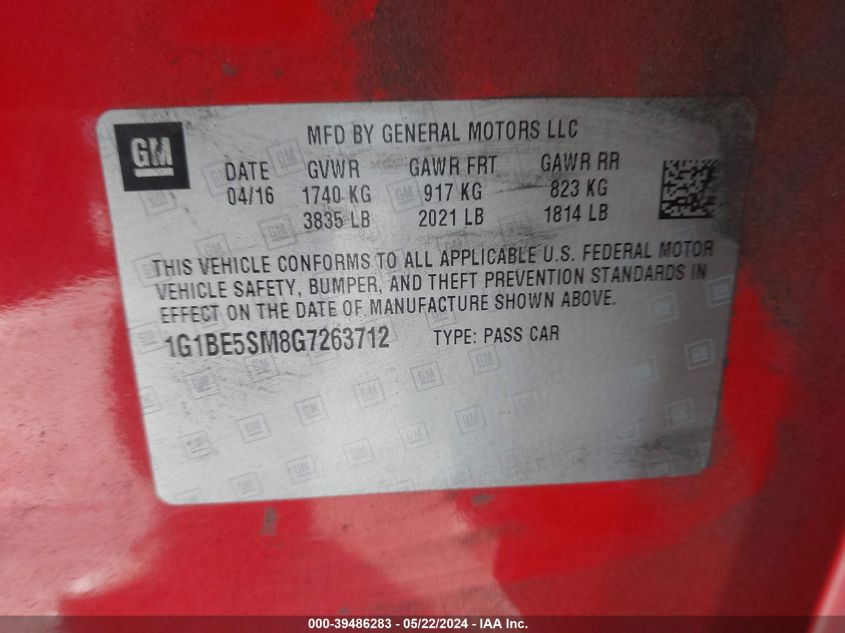 2016 Chevrolet Cruze Lt Auto VIN: 1G1BE5SM8G7263712 Lot: 39486283