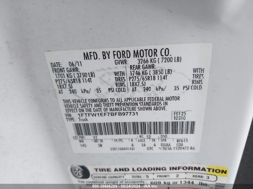 2011 Ford F-150 Fx4 VIN: 1FTFW1EF7BFB97731 Lot: 39486289
