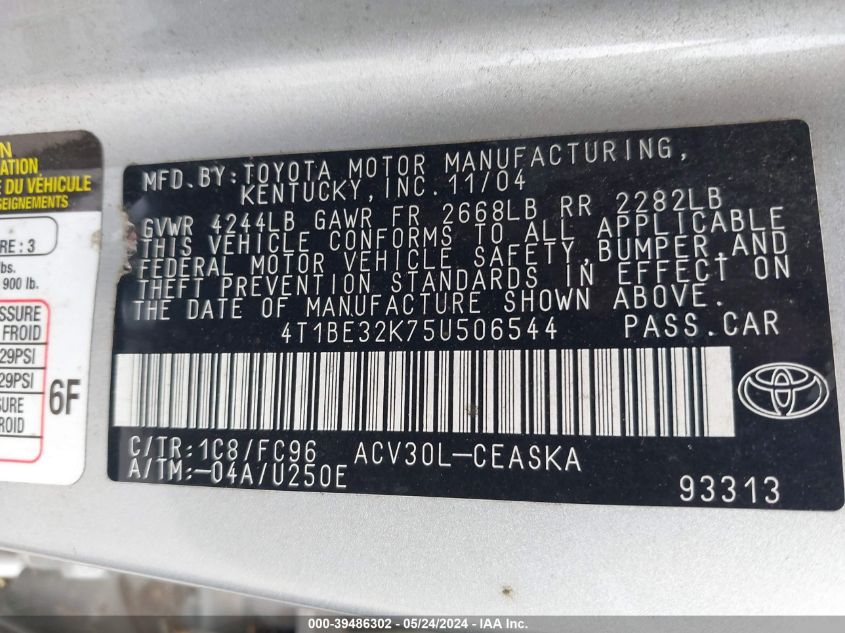 2005 Toyota Camry Se VIN: 4T1BE32K75U506544 Lot: 39486302