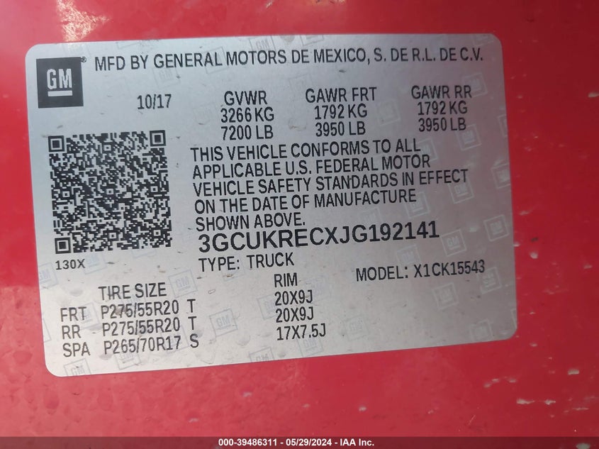 2018 Chevrolet Silverado 1500 1Lt VIN: 3GCUKRECXJG192141 Lot: 39486311