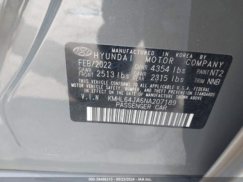 2022 Hyundai Sonata Sel VIN: KMHL64JA6NA207189 Lot: 39486313