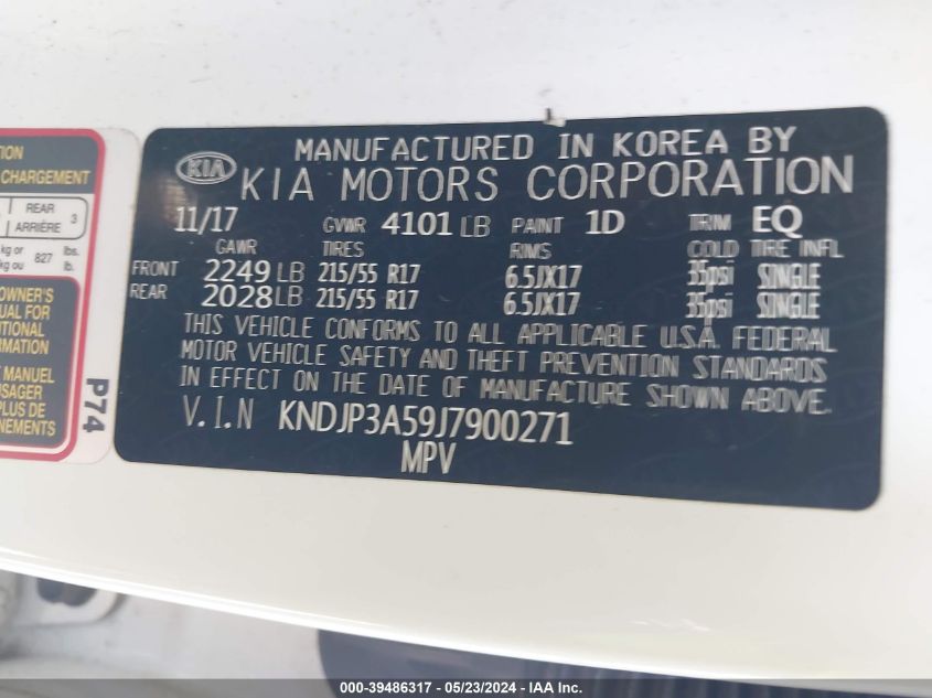 2018 Kia Soul + VIN: KNDJP3A59J7900271 Lot: 39486317