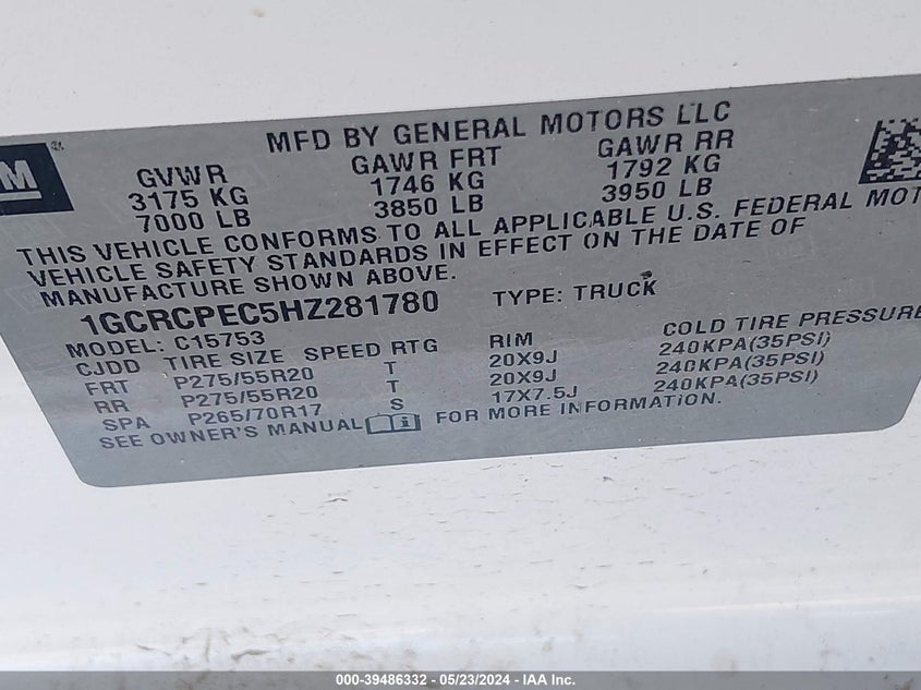 2017 Chevrolet Silverado 1500 Custom VIN: 1GCRCPEC5HZ281780 Lot: 39486332