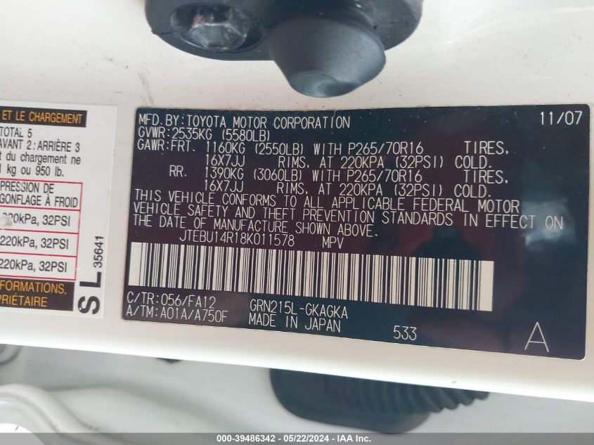 2008 Toyota 4Runner Sr5 V6 VIN: JTEBU14R18K011578 Lot: 39486342