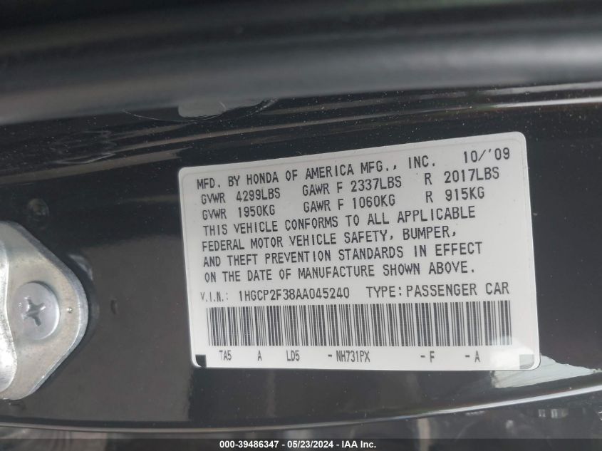 2010 Honda Accord 2.4 Lx VIN: 1HGCP2F38AA045240 Lot: 39486347