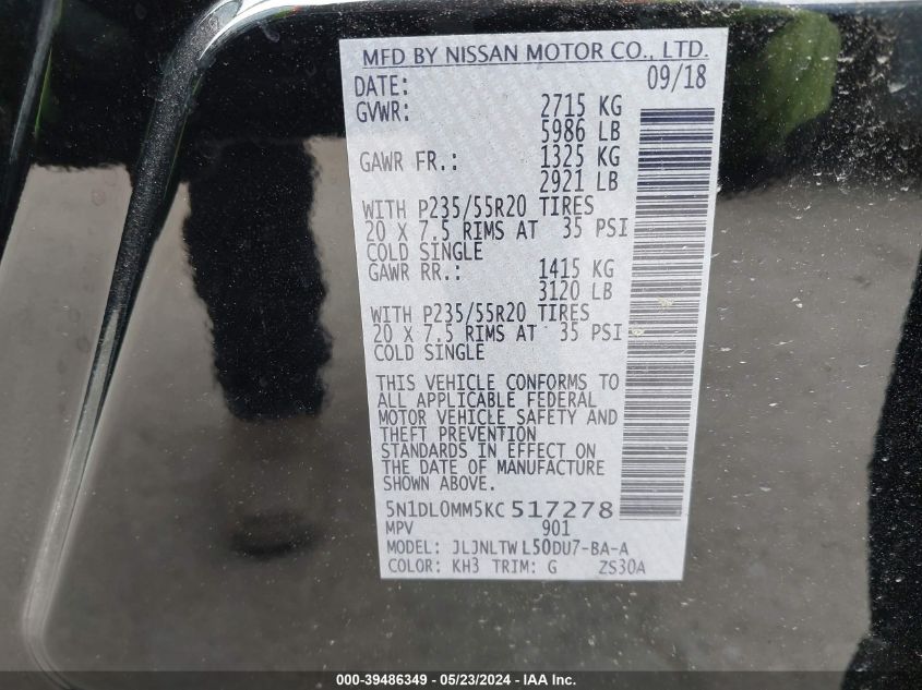 2019 Infiniti Qx60 Luxe VIN: 5N1DL0MM5KC517278 Lot: 39486349