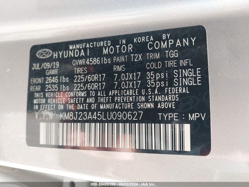 2020 Hyundai Tucson Se VIN: KM8J23A45LU090627 Lot: 39486358