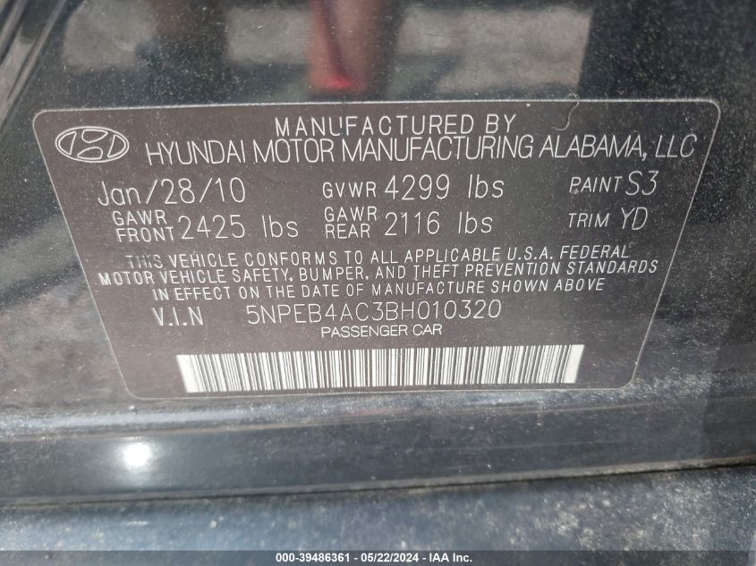 2011 Hyundai Sonata Gls VIN: 5NPEB4AC3BH010320 Lot: 39486361