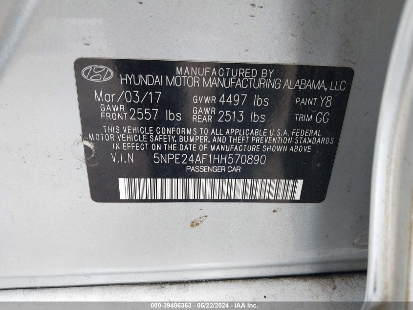 2017 Hyundai Sonata VIN: 5NPE24AF1HH570890 Lot: 39486363