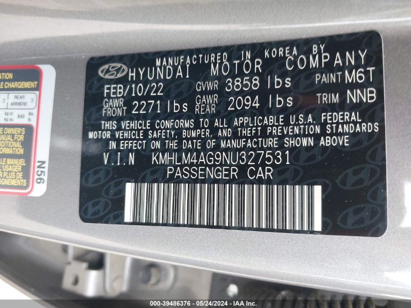 2022 Hyundai Elantra Sel VIN: KMHLM4AG9NU327531 Lot: 39486376