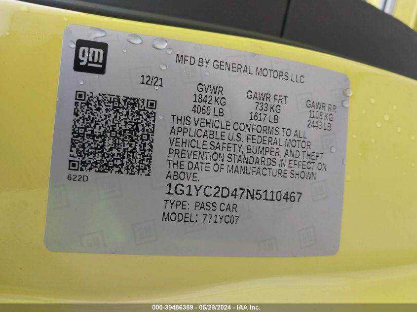 2022 Chevrolet Corvette Stingray Rwd 3Lt VIN: 1G1YC2D47N5110467 Lot: 39486389