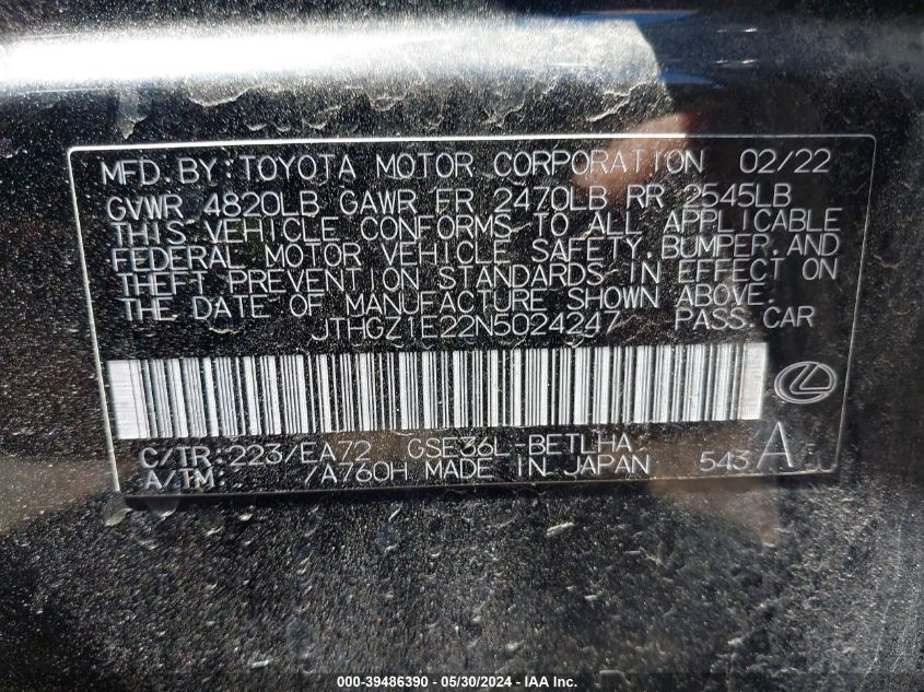 2022 Lexus Is 350 F Sport VIN: JTHGZ1E22N5024247 Lot: 39486390