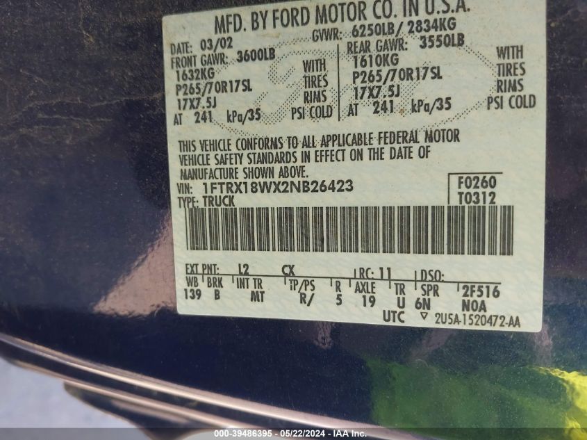 2002 Ford F-150 Lariat/Xl/Xlt VIN: 1FTRX18WX2NB26423 Lot: 39486395