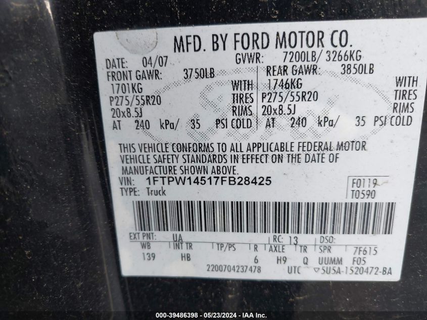 2007 Ford F-150 Fx4/Lariat/Xlt VIN: 1FTPW14517FB28425 Lot: 39486398