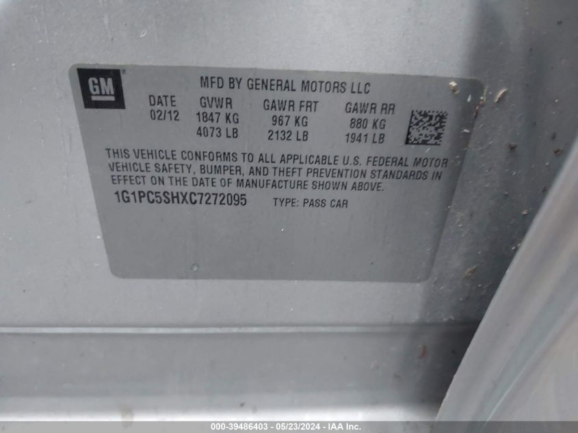 2012 Chevrolet Cruze Ls VIN: 1G1PC5SHXC7272095 Lot: 39486403