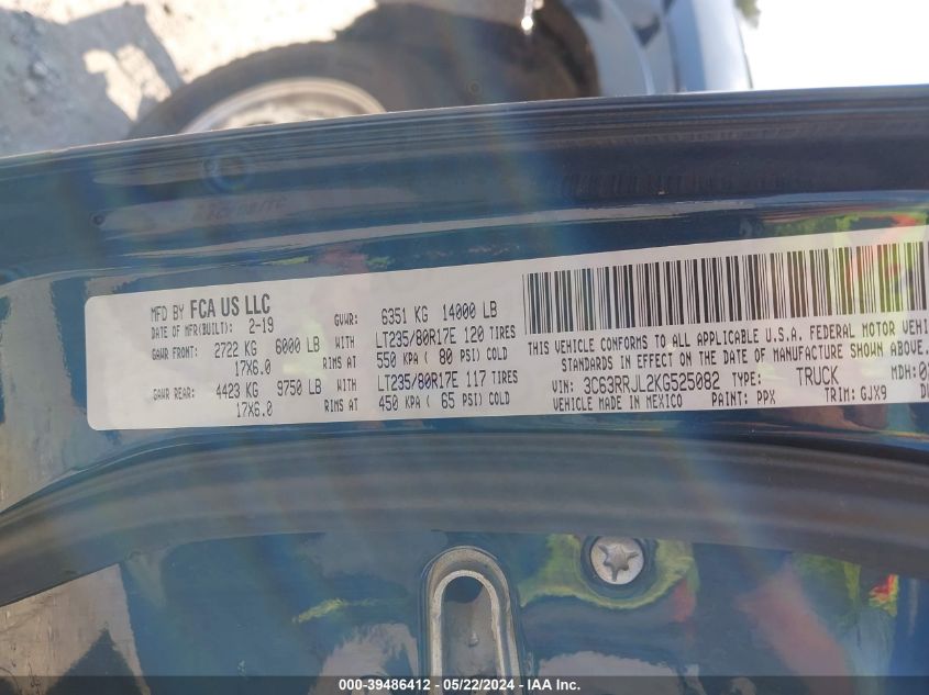 2019 Ram 3500 Laramie 4X4 8' Box VIN: 3C63RRJL2KG525082 Lot: 39486412