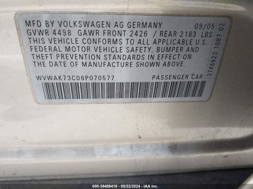 2006 Volkswagen Passat 2.0T VIN: WVWAK73C06P070577 Lot: 39486416
