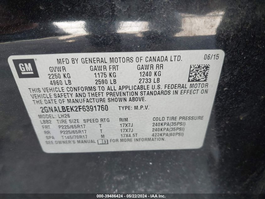 2015 Chevrolet Equinox 1Lt VIN: 2GNALBEK2F6391760 Lot: 39486424