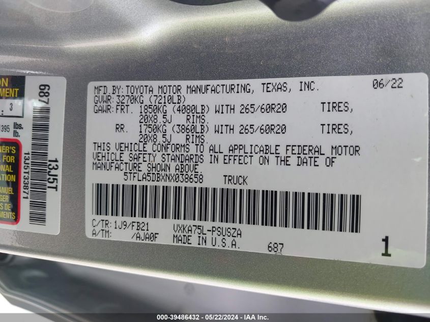 2022 Toyota Tundra Sr5 VIN: 5TFLA5DBXNX038658 Lot: 39486432