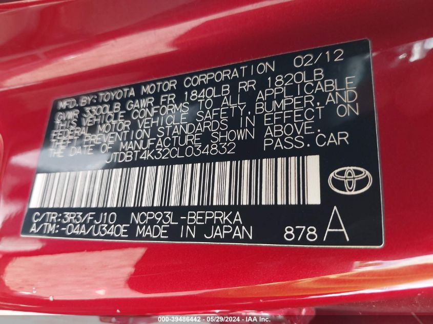 2012 Toyota Yaris VIN: JTDBT4K32CL034832 Lot: 39486442