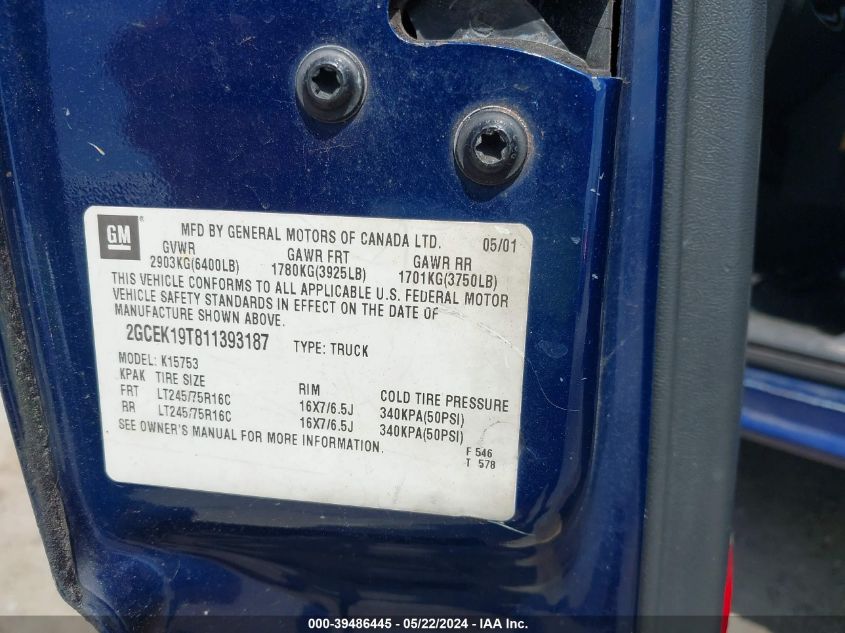 2001 Chevrolet Silverado 1500 Lt VIN: 2GCEK19T811393187 Lot: 39486445