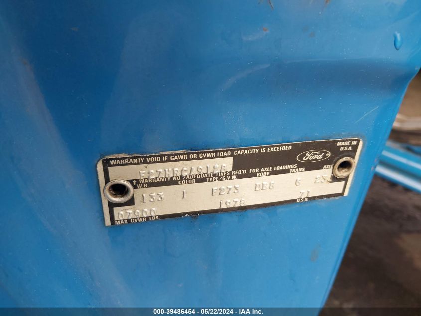 1978 Ford F-250 VIN: F27HRCA9128 Lot: 39486454