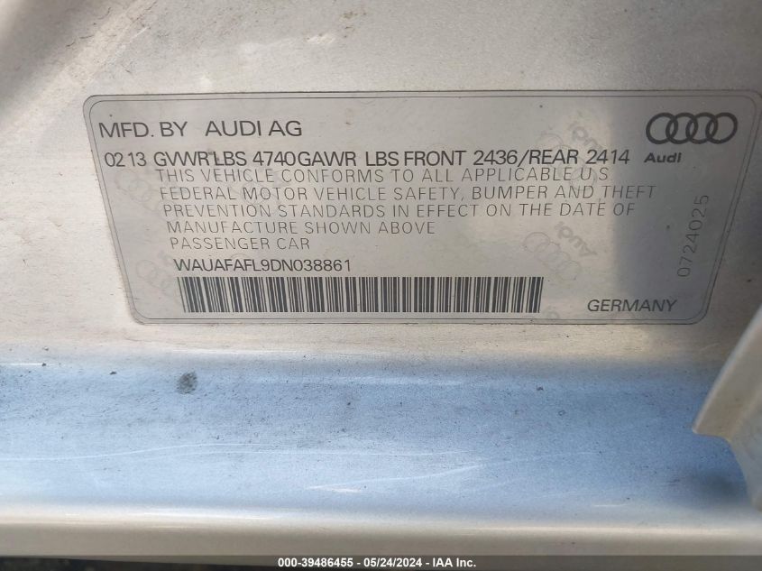 2013 Audi A4 2.0T Premium VIN: WAUAFAFL9DN038861 Lot: 39486455